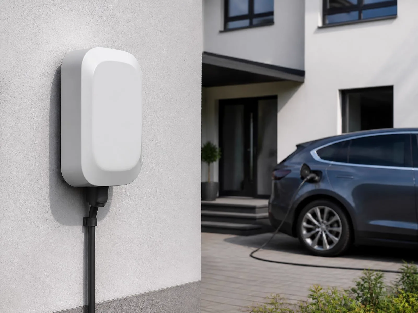 Biely wallbox na fasáde rodinného domu s nabíjajúcim sa elektromobilom