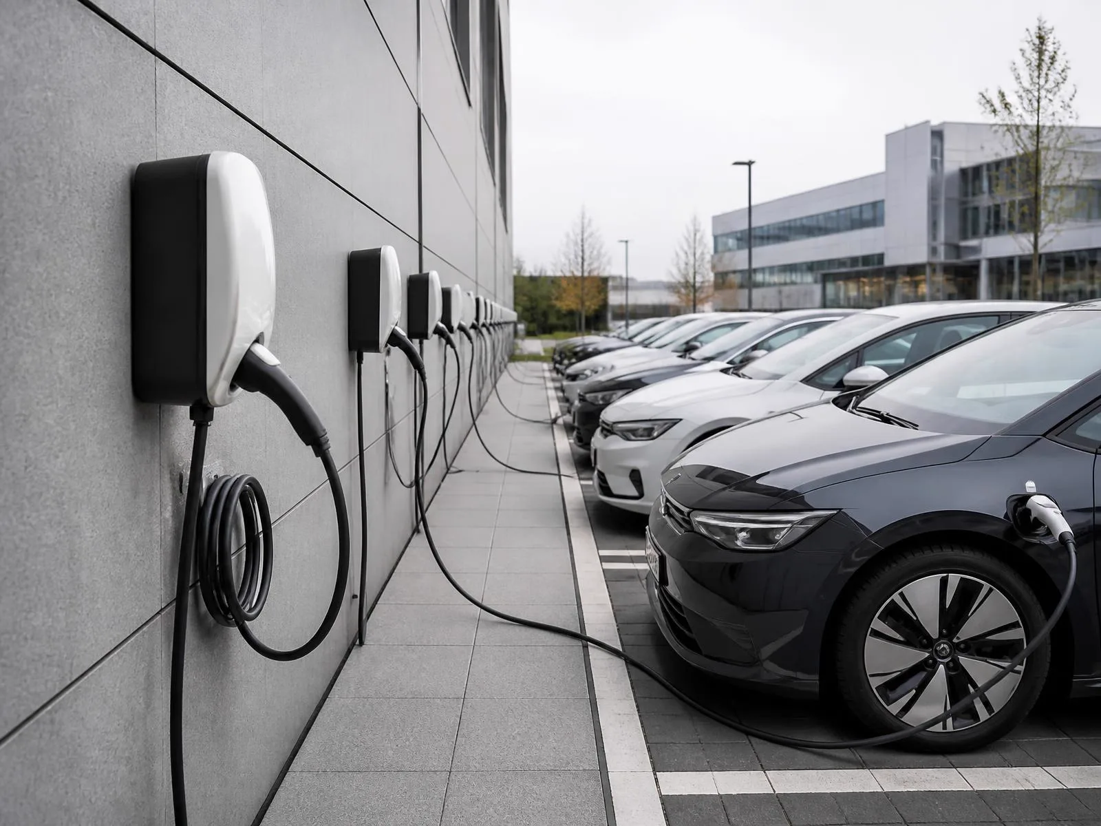 Nabíjacie stanice na firemnom parkovisku s viacerými elektromobilmi